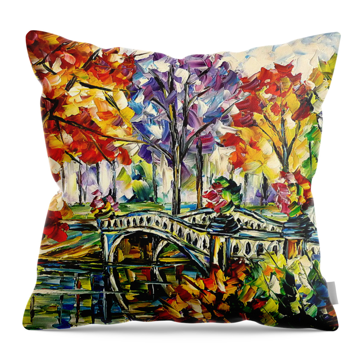 Colorful Cityscape Throw Pillow featuring the painting Central Park, Bow Bridge by Mirek Kuzniar