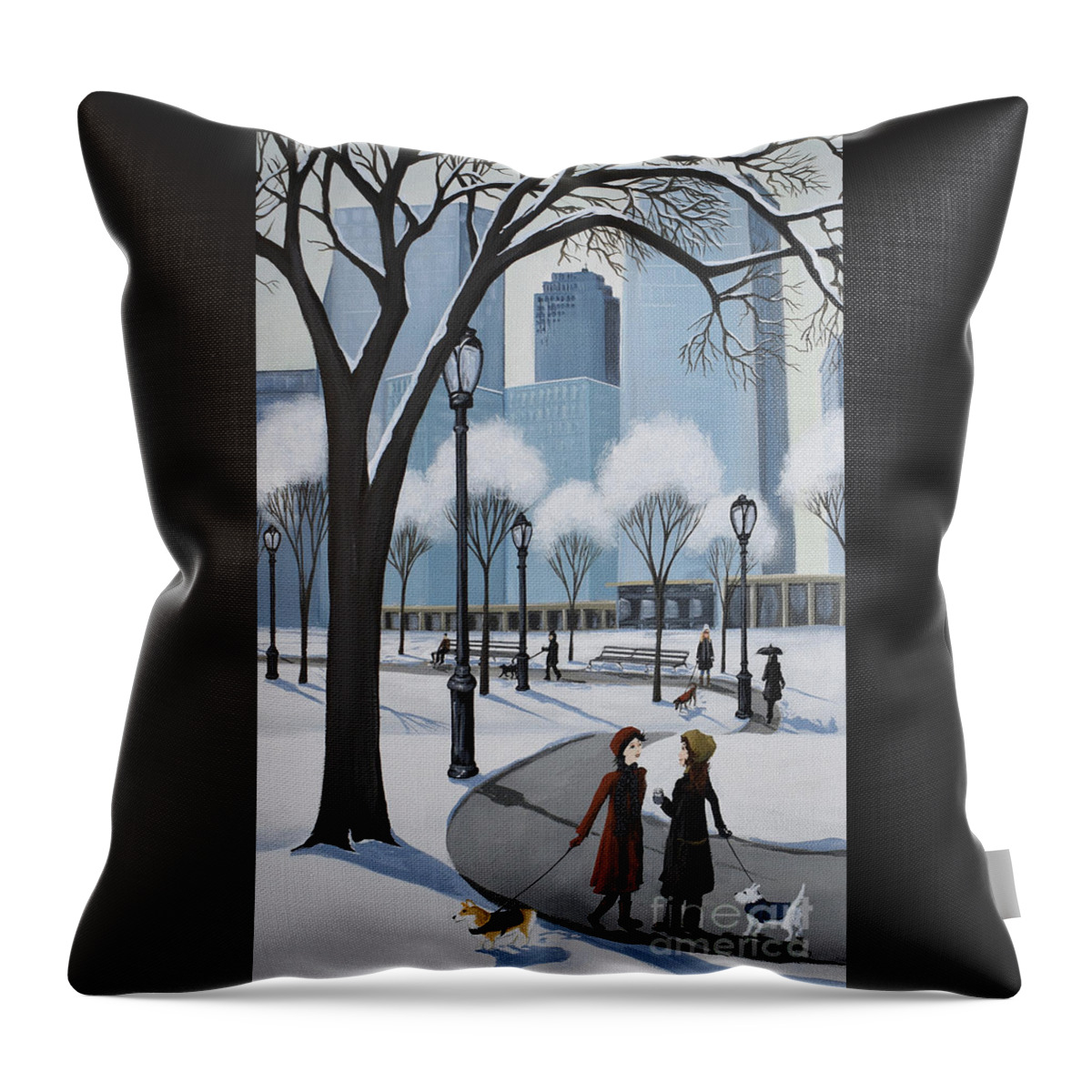 Central Park Throw Pillow featuring the painting Central Park New York puppies dog by Debbie Criswell