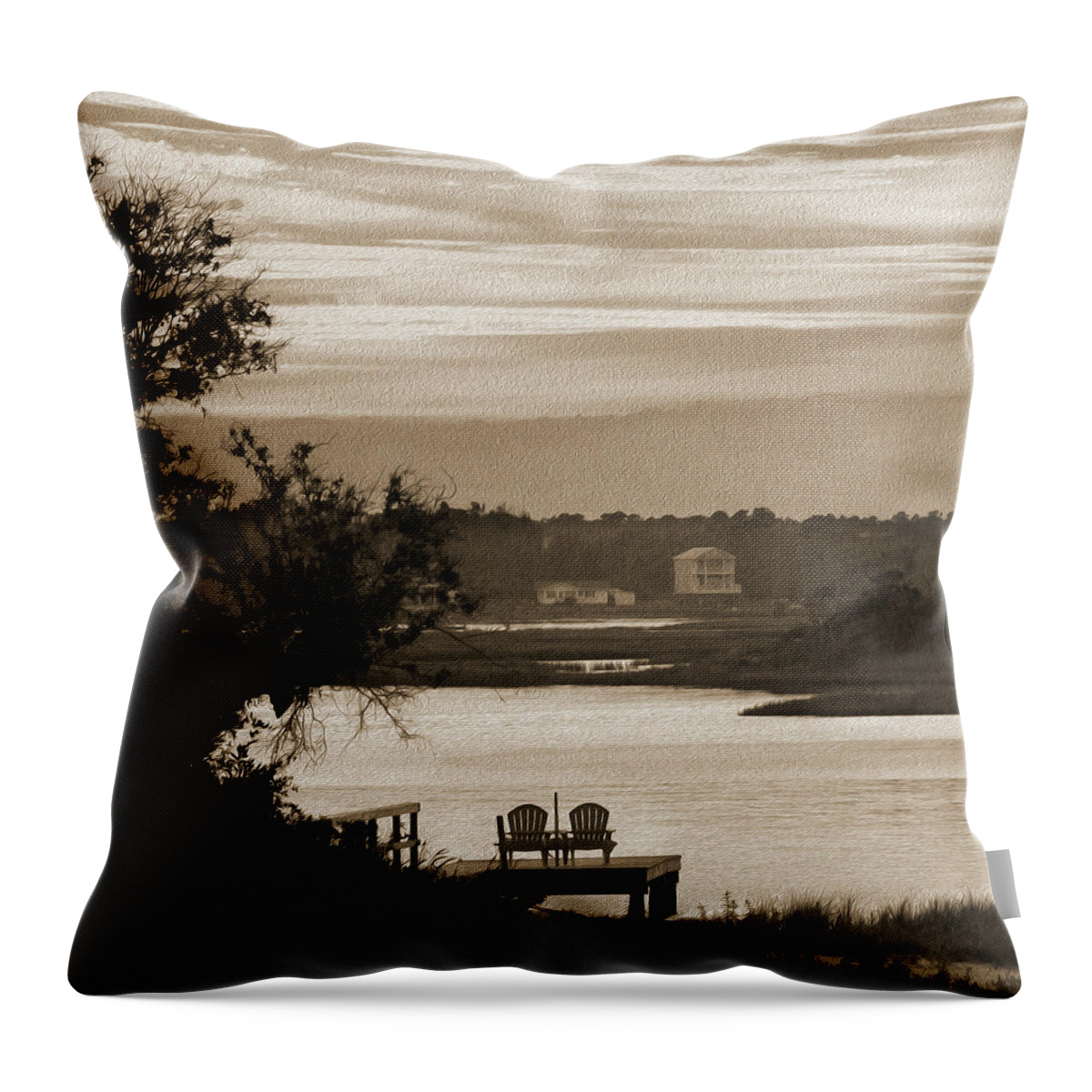 Beach Scene Throw Pillow featuring the photograph Chairs on a Dock by Mike McGlothlen