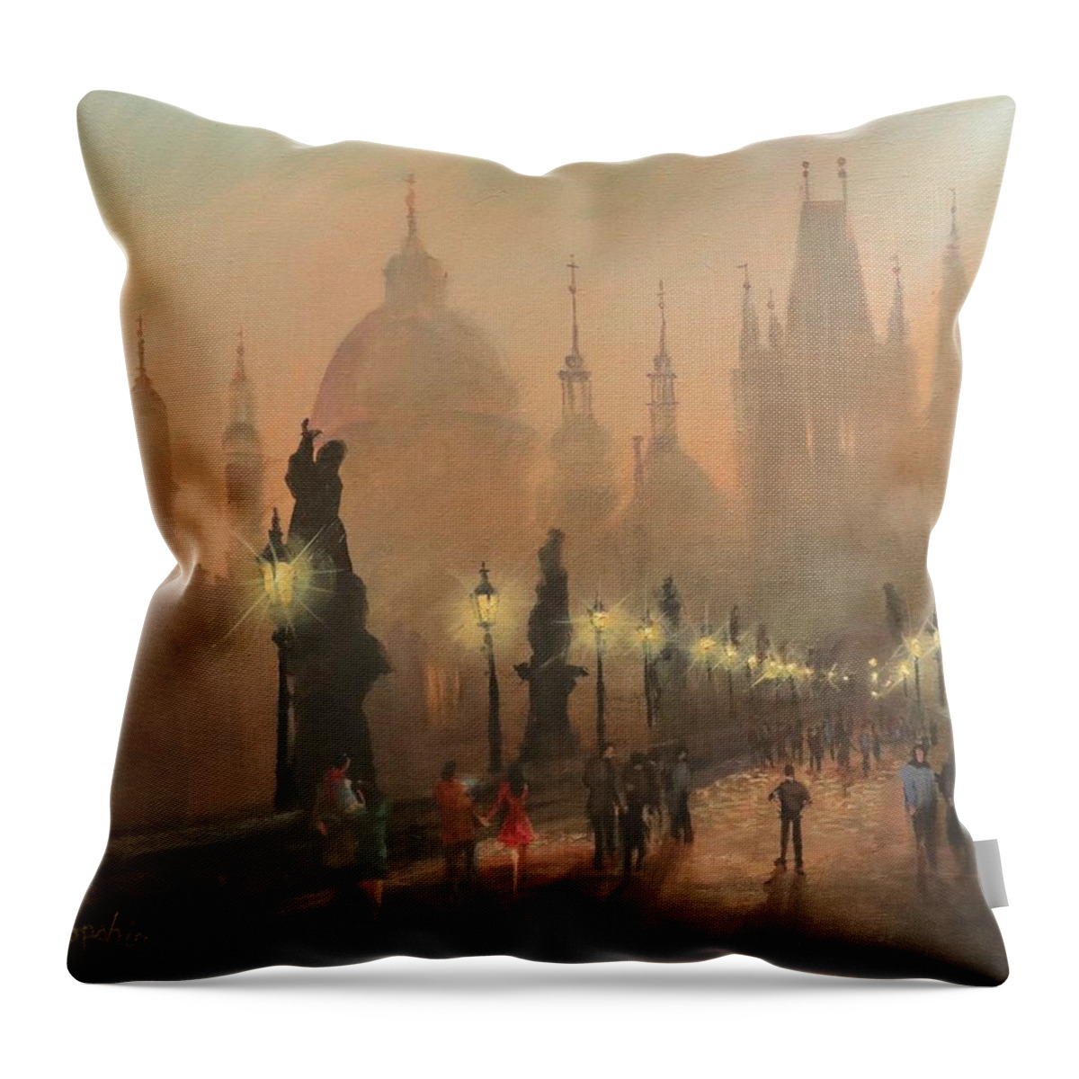 Charles Bridge Throw Pillow featuring the painting Charles Bridge Prague by Tom Shropshire