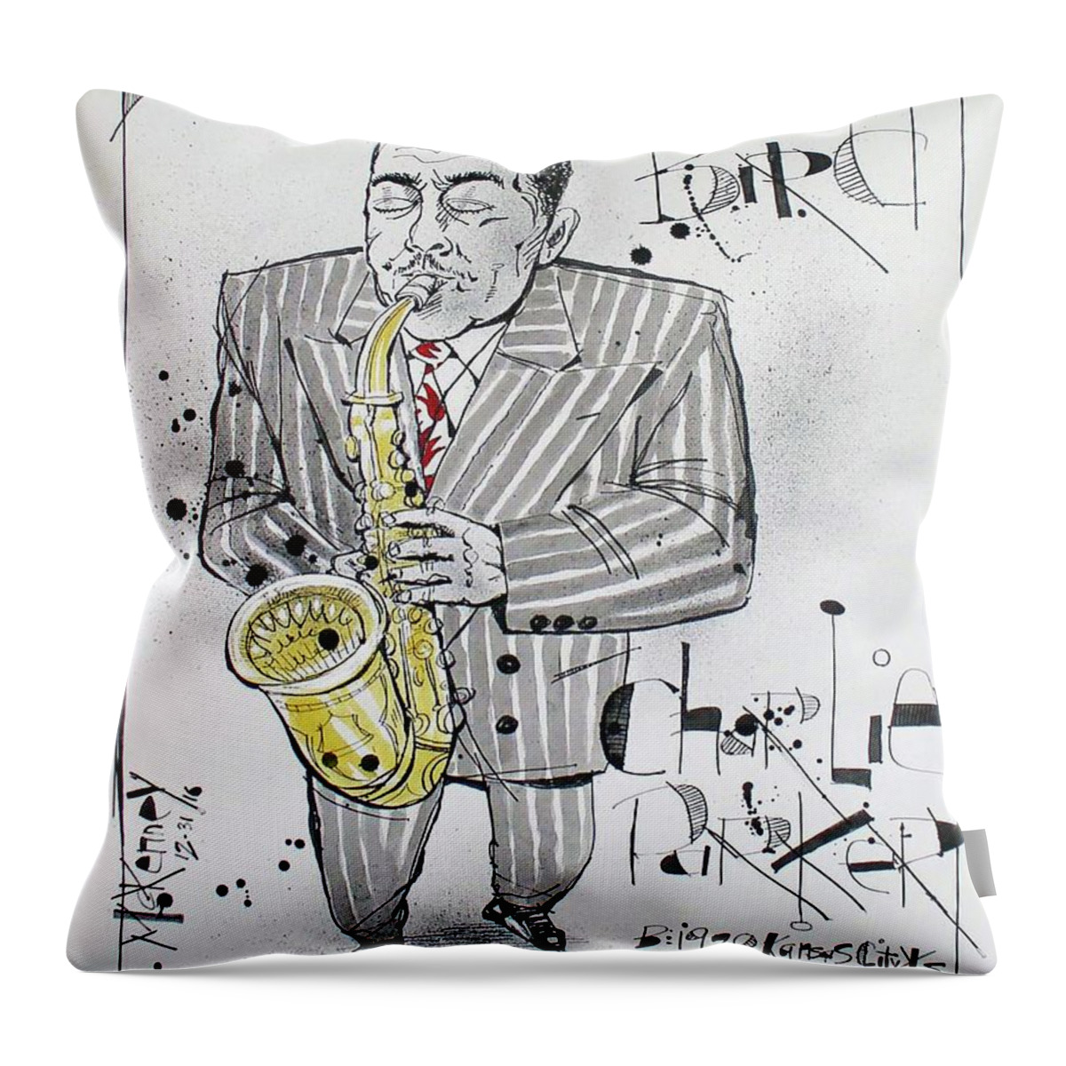  Throw Pillow featuring the drawing Charlie Parker by Phil Mckenney
