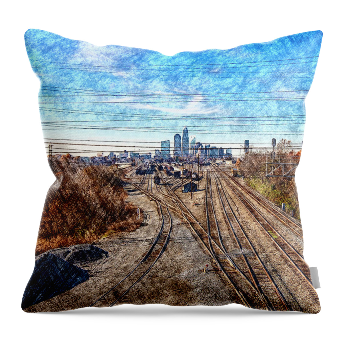 Charlotte-architecture-photography Throw Pillow featuring the digital art Charlotte Skyline from Matheson Bridge by SnapHappy Photos