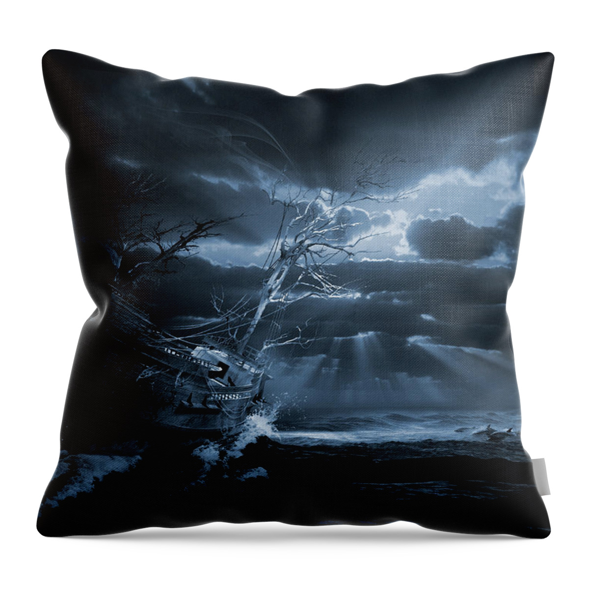 Ghost Ships Phantom Boat Supernatural Isolation Throw Pillow featuring the digital art Chasing the light Ghost ship series by George Grie