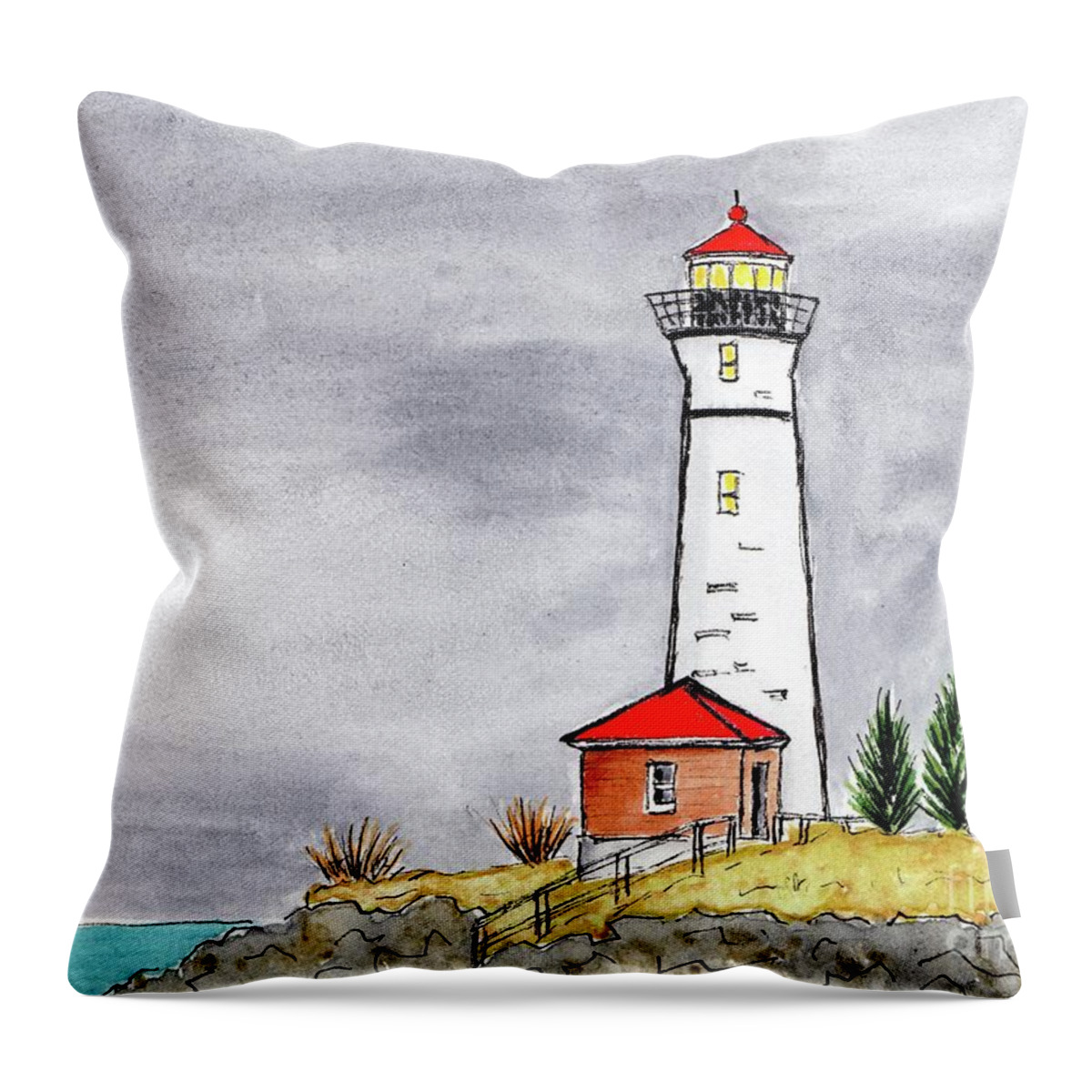 Maine Lighthouse Throw Pillow featuring the painting Brave Red Top Maine Lighthouse by Donna Mibus