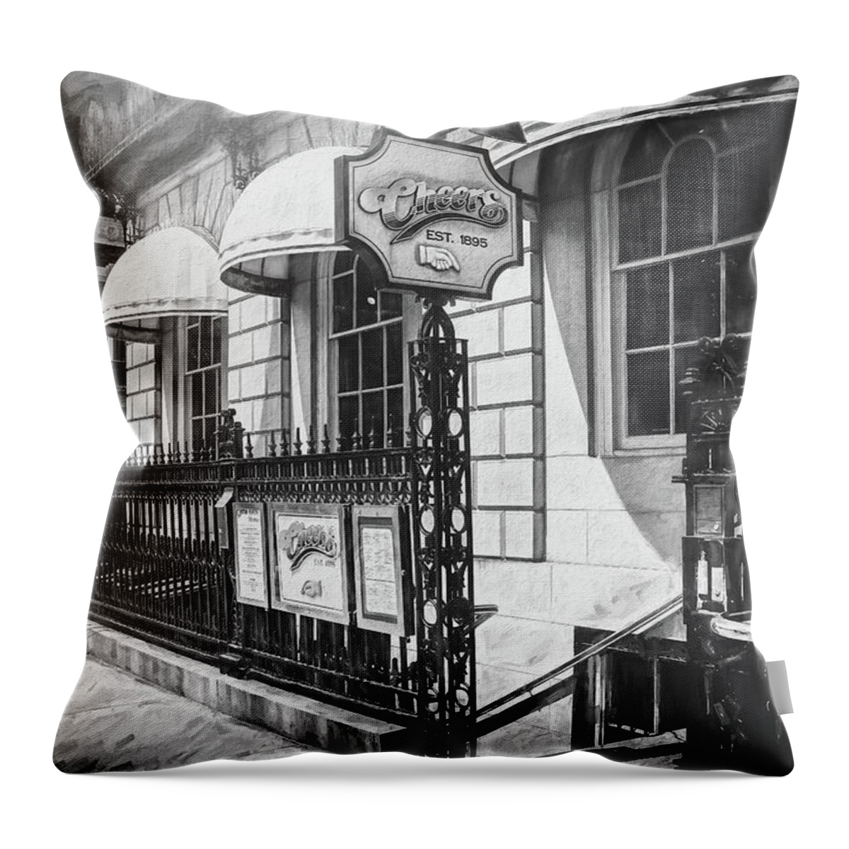 Boston Throw Pillow featuring the photograph Cheers Bar Beacon Hill Boston Black and White by Carol Japp