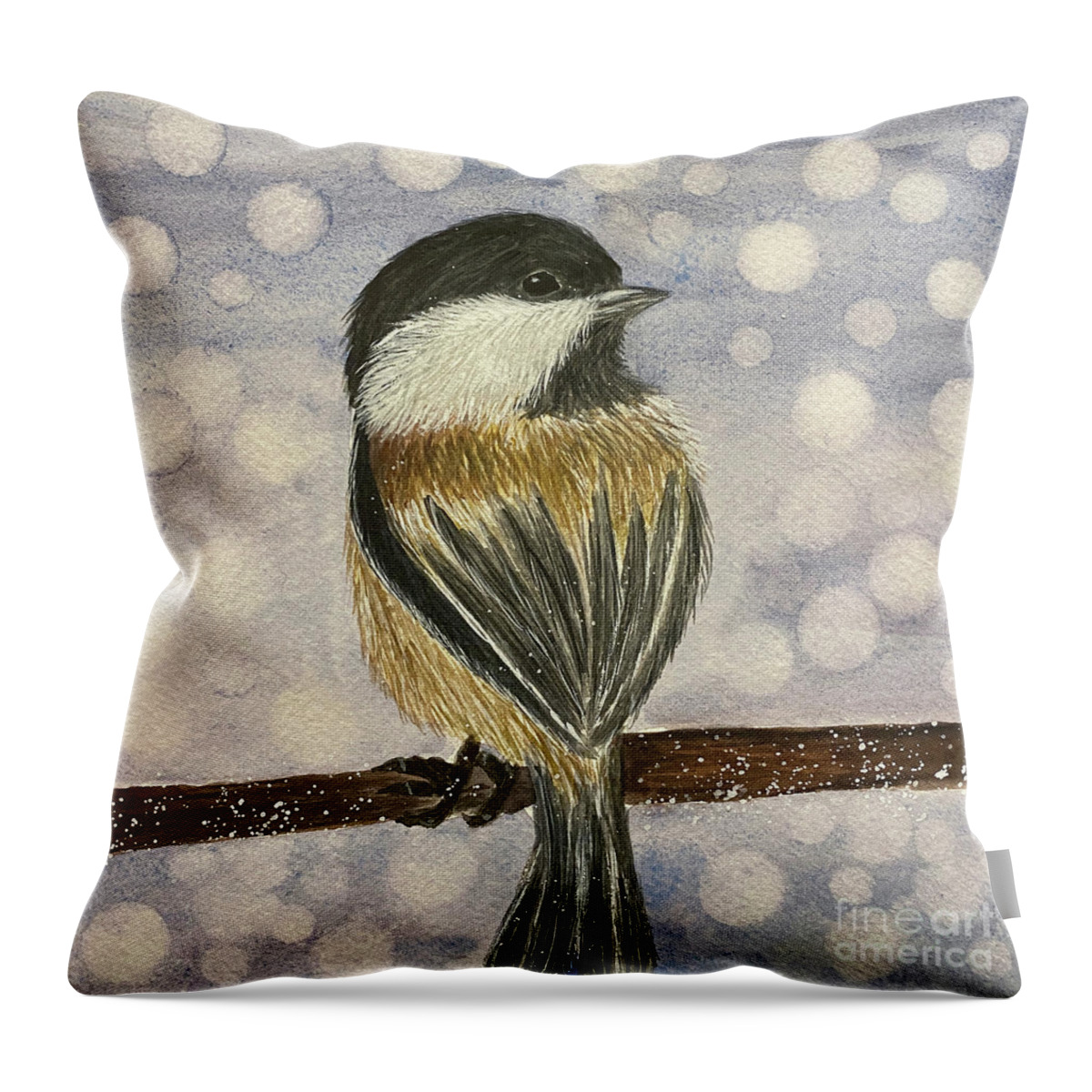 Chickadee Throw Pillow featuring the painting Chickadee In Snow by Lisa Neuman