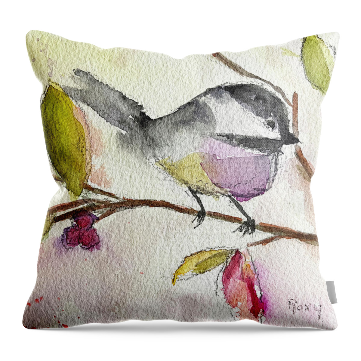 Watercolor Chickadee Throw Pillow featuring the painting Chickadee perched in a Tree by Roxy Rich