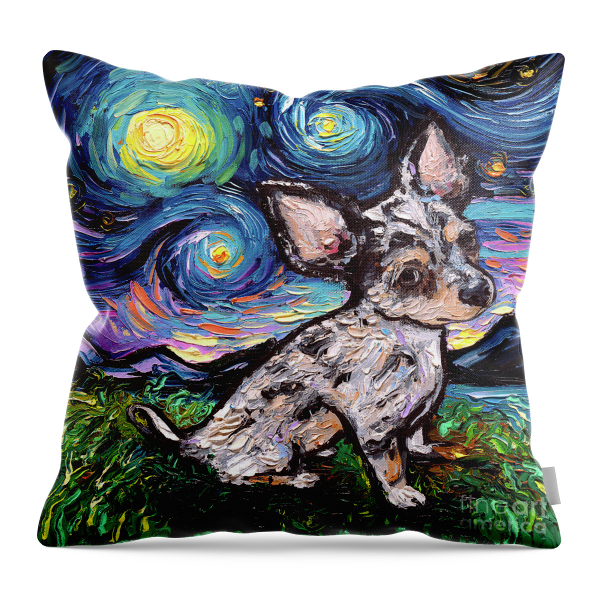 Chihuahua Throw Pillow featuring the painting Chihuahua Merle Teacup Night by Aja Trier
