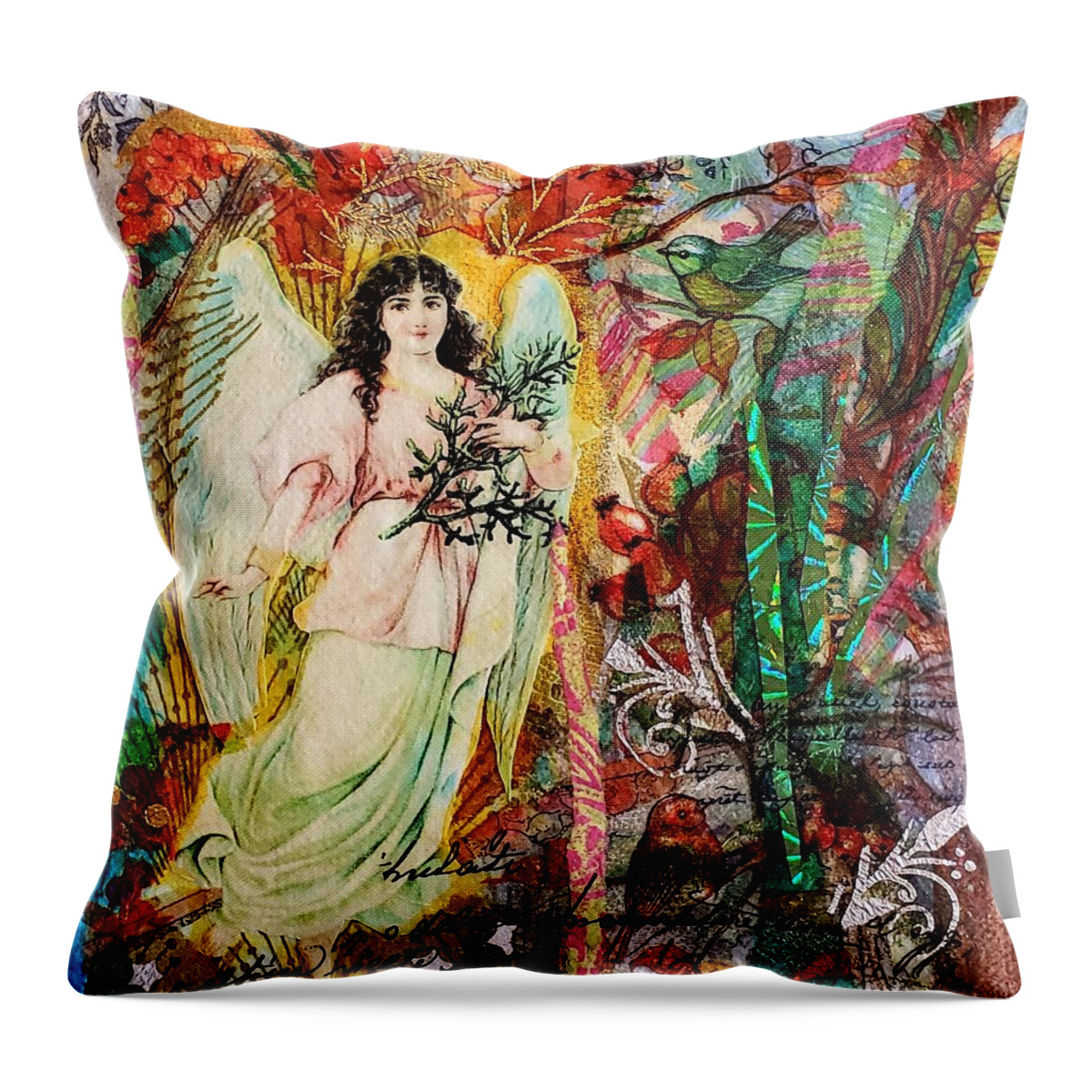 Angel Throw Pillow featuring the mixed media Christmas Angel by Deborah Cherrin