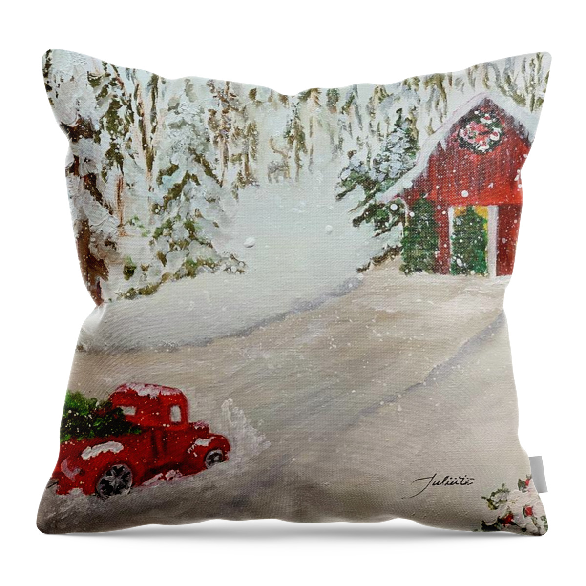 Red Truck Throw Pillow featuring the painting Christmas at the Tree Barn by Juliette Becker