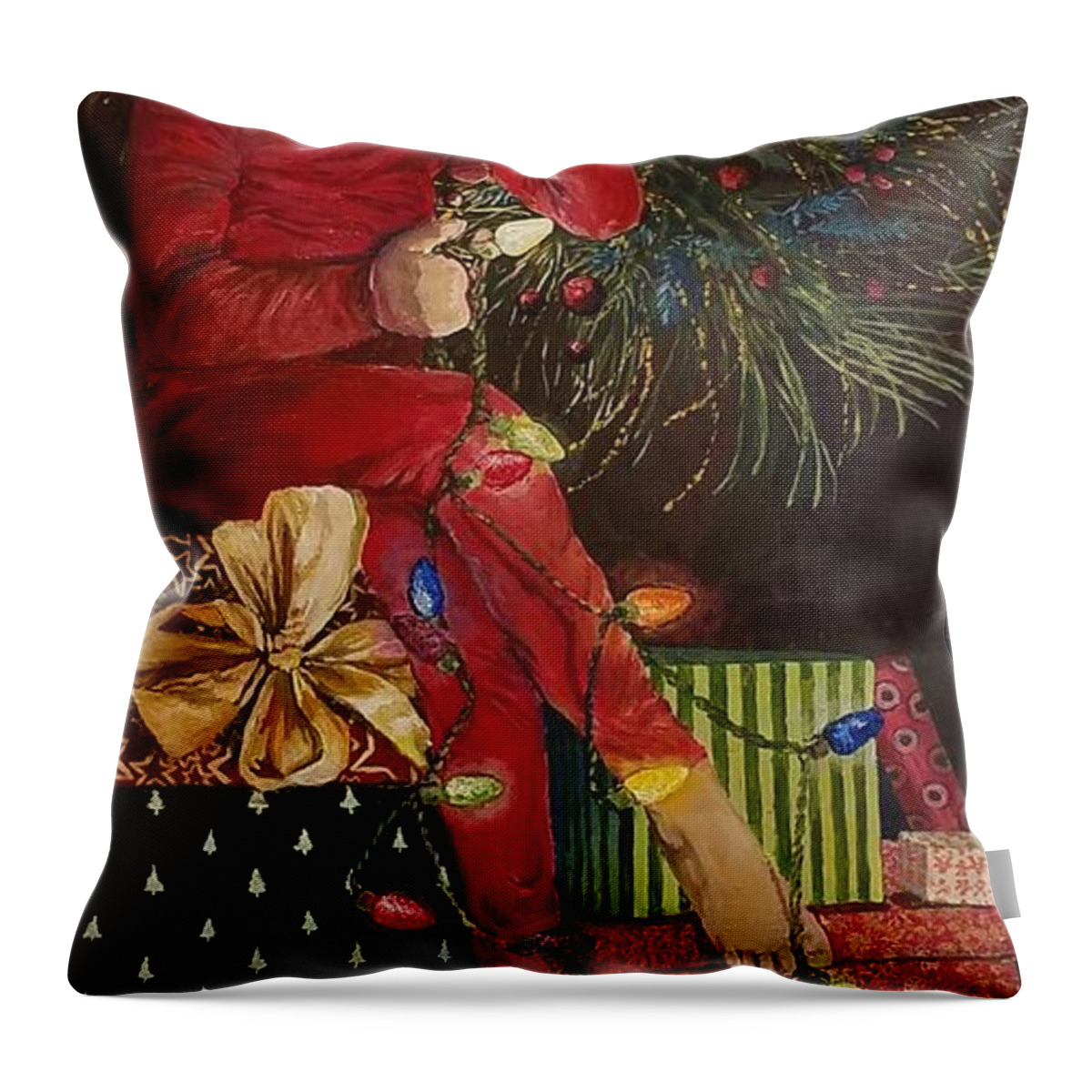 Christmas Throw Pillow featuring the painting Christmas elves by Merana Cadorette