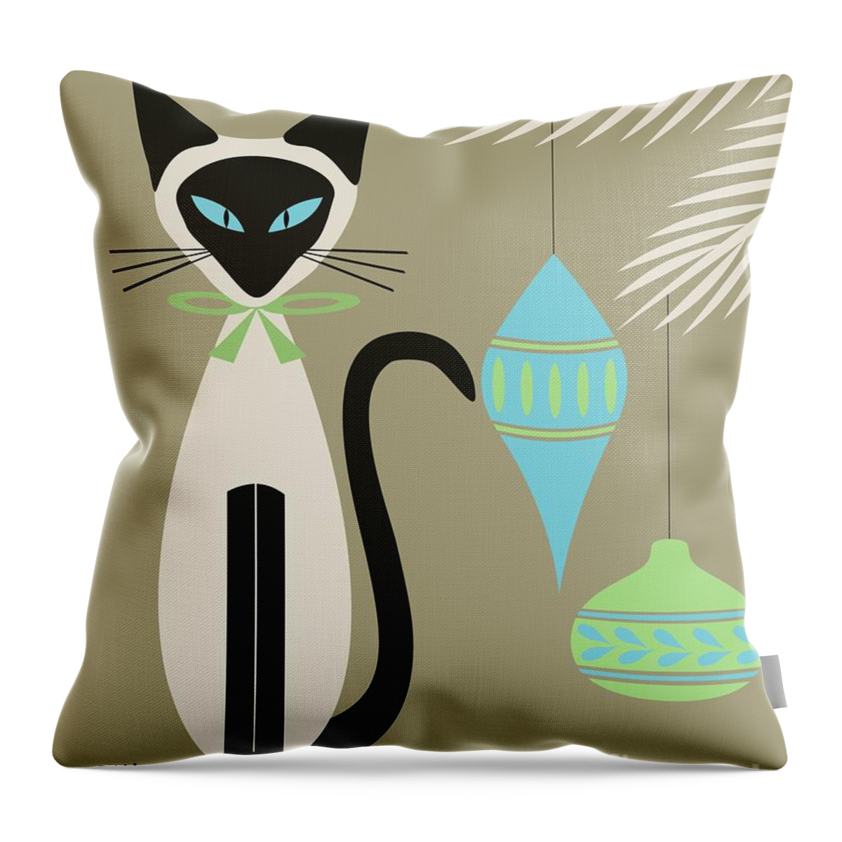 Mid Century Cat Throw Pillow featuring the digital art Christmas Siamese with Ornaments by Donna Mibus