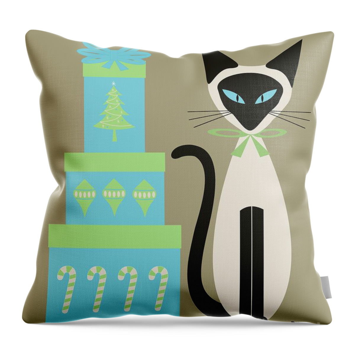 Mid Century Cat Throw Pillow featuring the digital art Christmas Siamese with Presents by Donna Mibus