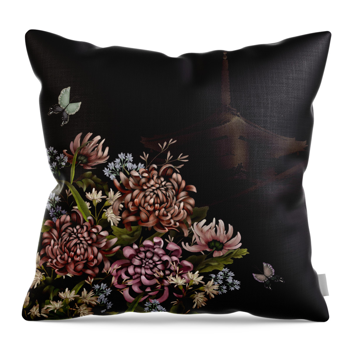 Chinoiserie Throw Pillow featuring the digital art Chrysanthemums and Butterflies Glitter Temple Chinoiserie by Sand And Chi