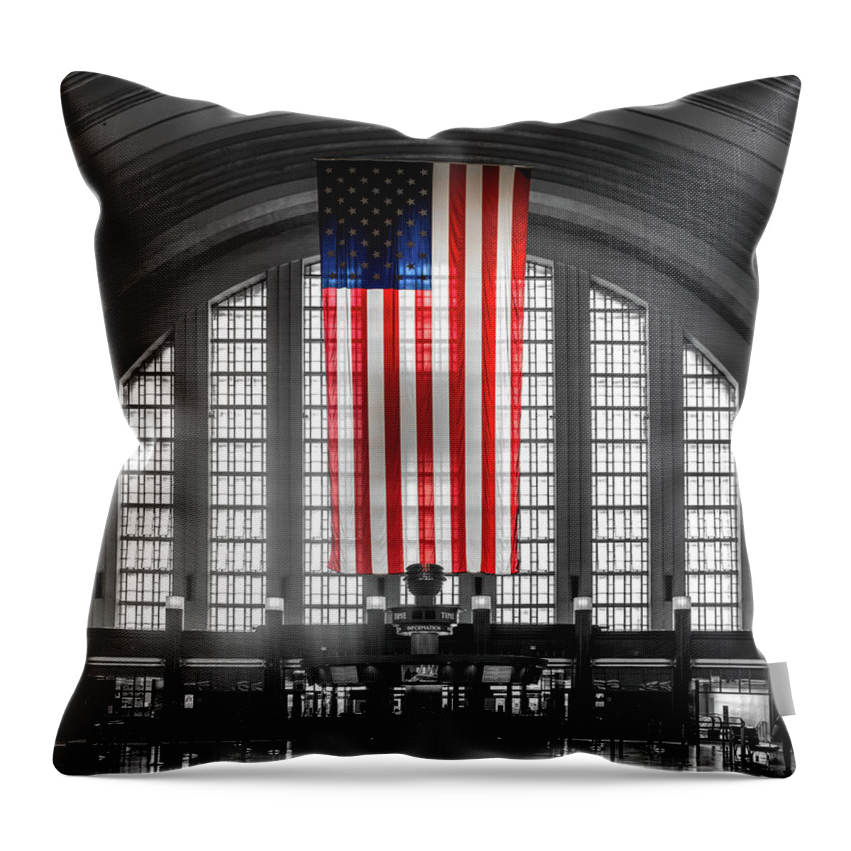 Interior Union Terminal Station Cincinnati Throw Pillow featuring the photograph Cincinnati Union Terminal Interior American Flag by Sharon Popek