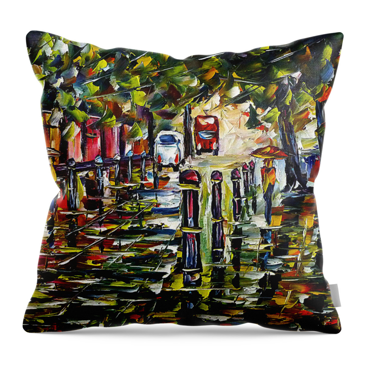 Rainy Cityscape Throw Pillow featuring the painting City In The Rain by Mirek Kuzniar
