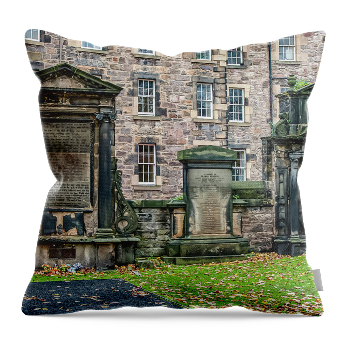 City Of Edinburgh Throw Pillow featuring the digital art City of Edinburgh Scotland - ancient cemetary by SnapHappy Photos