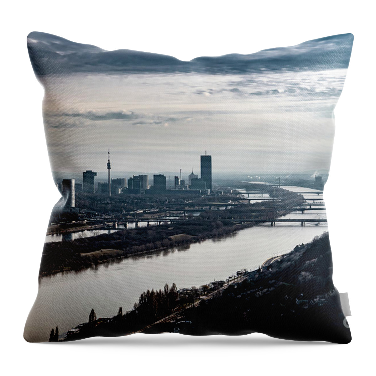 Aerial Throw Pillow featuring the photograph City Of Vienna With Suburbs And River Danube In Austria by Andreas Berthold