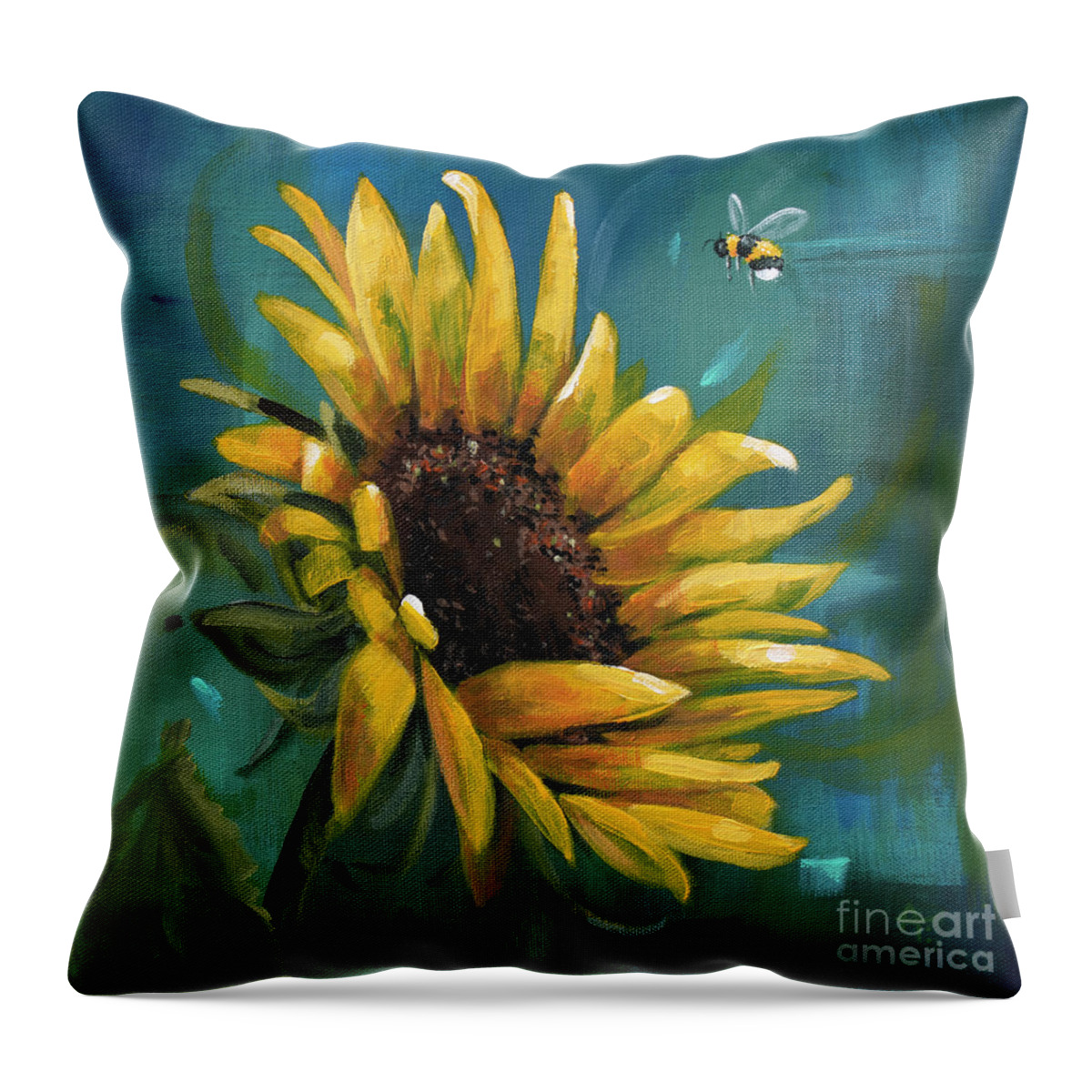 Summer Throw Pillow featuring the painting Cleared for Landing - Sunflower painting by Annie Troe