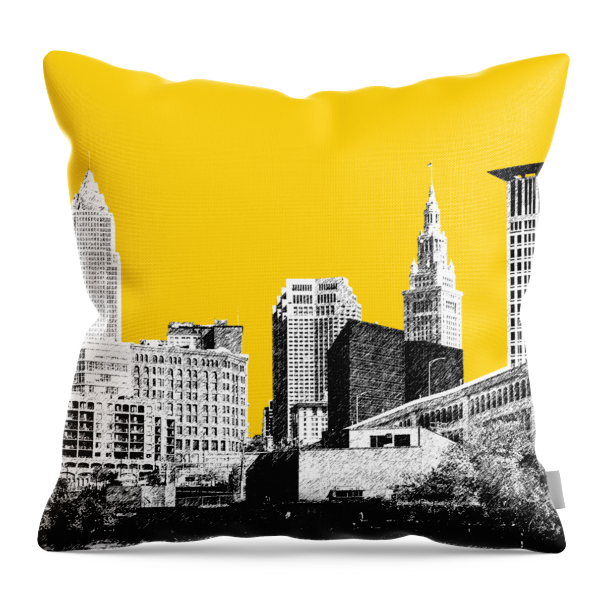 Architecture Throw Pillow featuring the digital art Cleveland Skyline 3 - Mustard by DB Artist