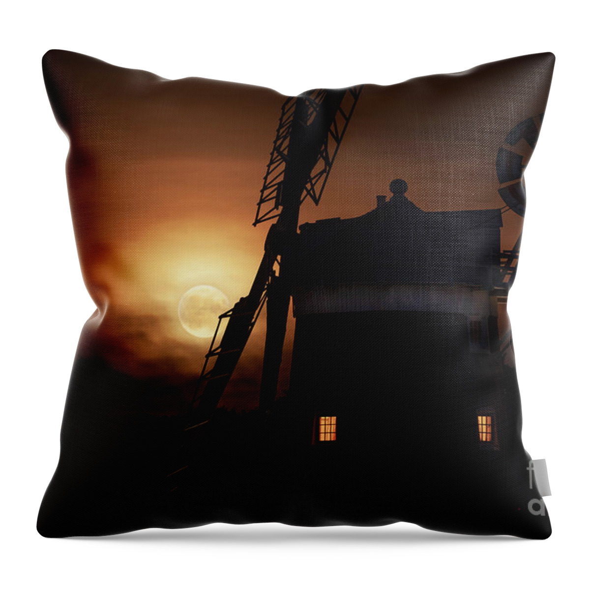Cley Throw Pillow featuring the photograph Cley windmill and harvest moon at night in Norfolk by Simon Bratt