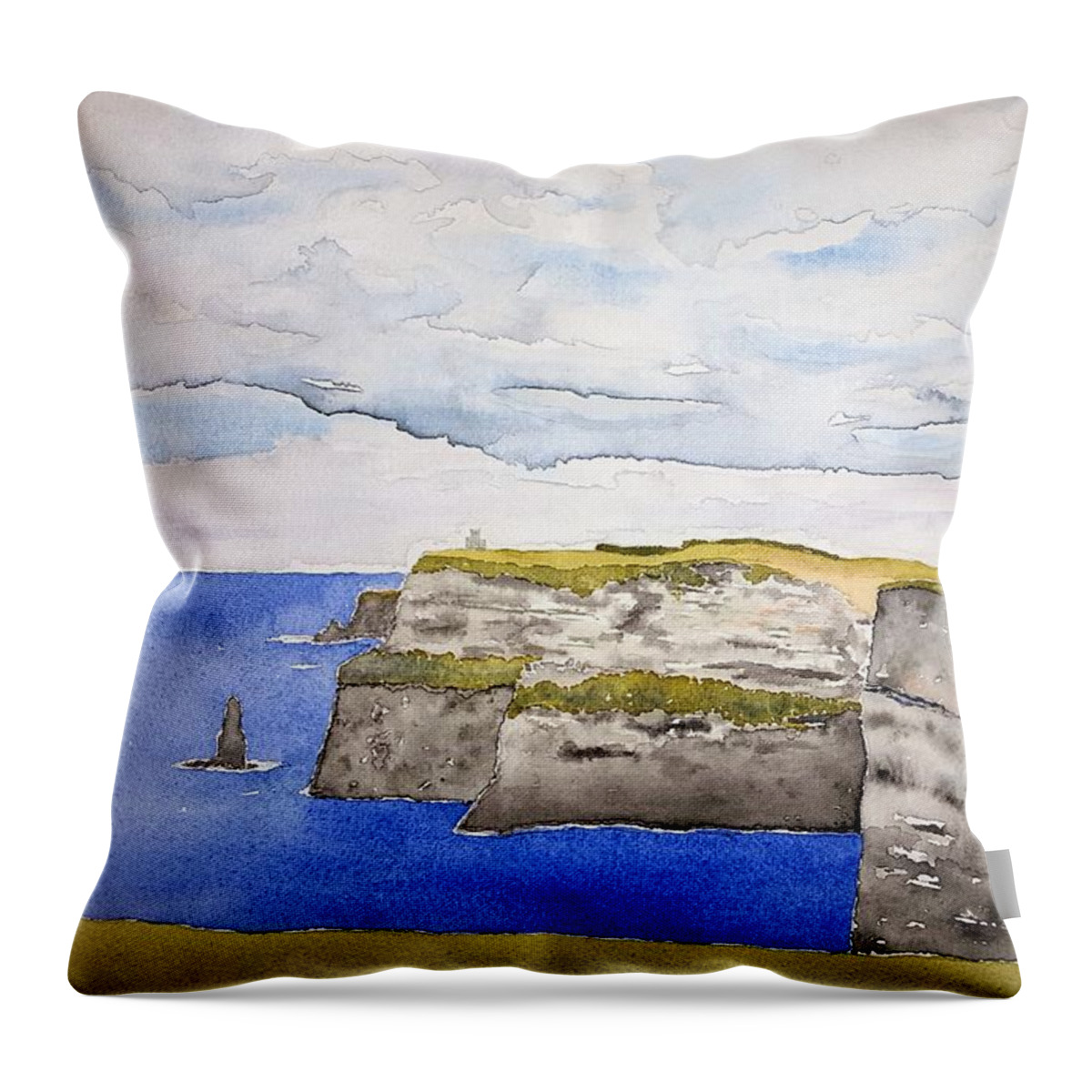 Watercolor Throw Pillow featuring the painting Cliffs of Moher by John Klobucher