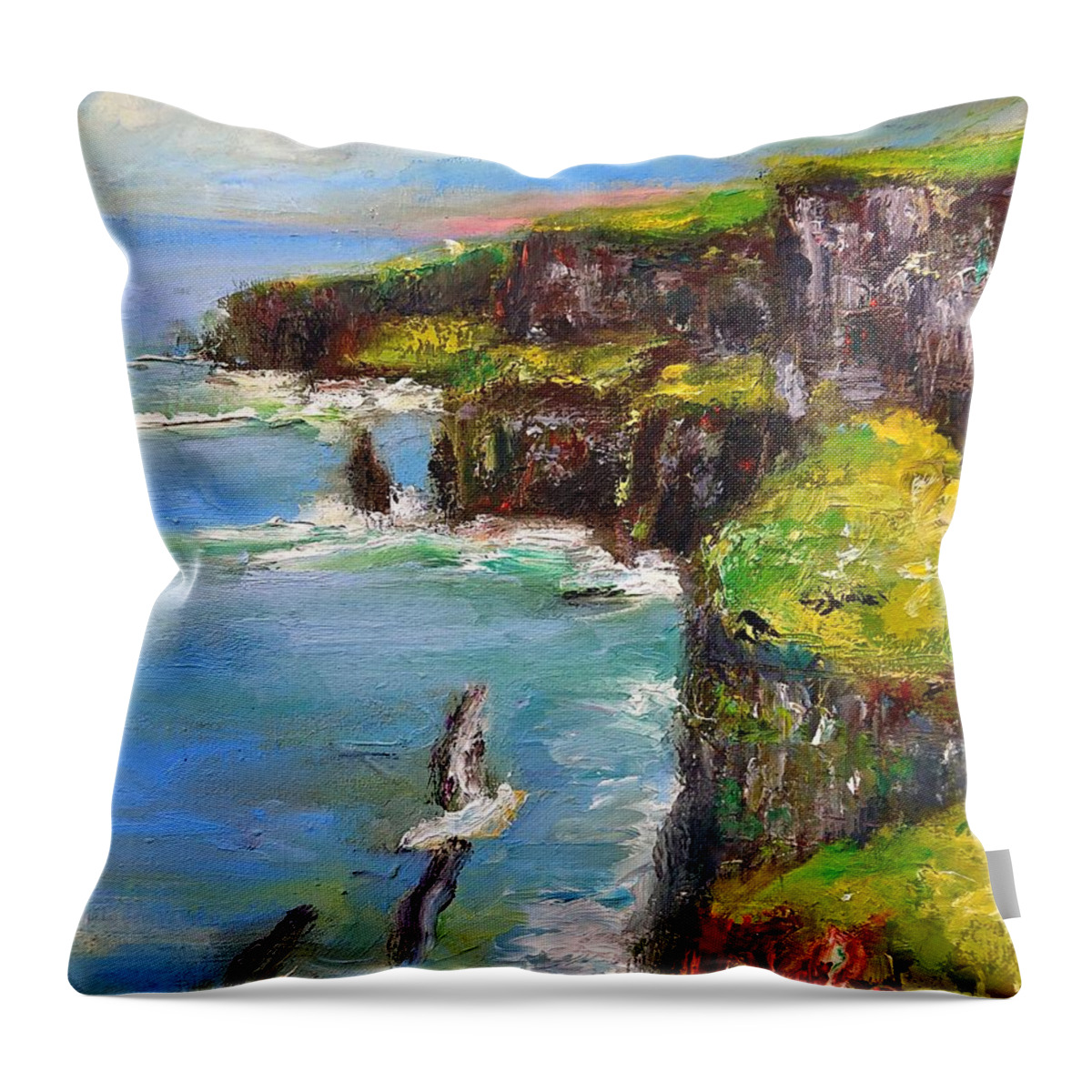 Cliffs Of Moher Ireland Throw Pillow featuring the painting Cliffs of moher panoramic by Mary Cahalan Lee - aka PIXI