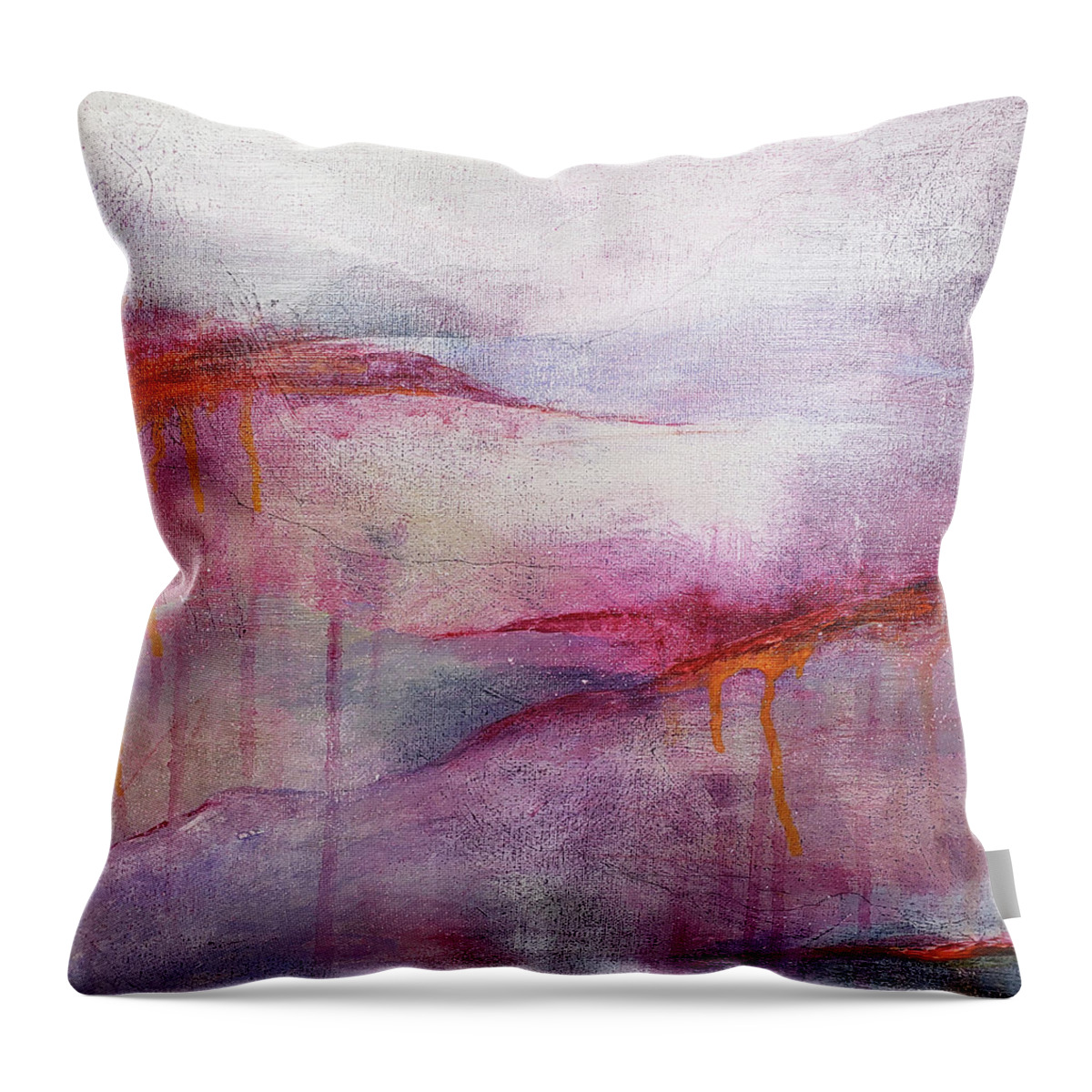 Red Throw Pillow featuring the painting CLIMATE CHANGE III Abstract Landscape Sunset in Red Pink Purple Orange Gray by Lynnie Lang