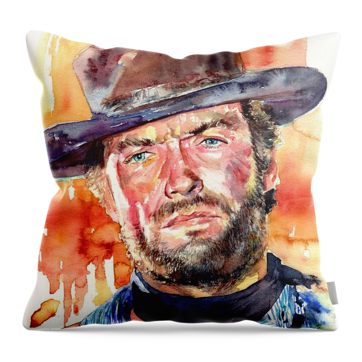 Clint Throw Pillow featuring the painting Clint Eastwood Watercolor by Suzann Sines