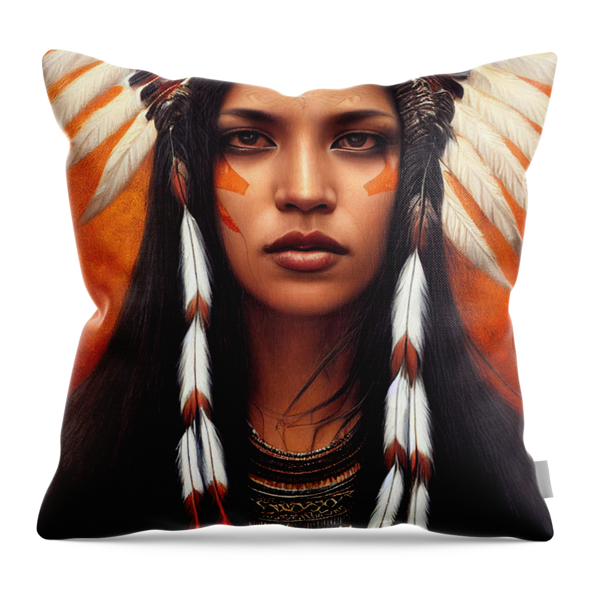 Beautiful Throw Pillow featuring the painting Closeup Portrait Of Beautiful Native American Wom 44777eb4 86ef 451e 8412 15e4cf2e6574 by MotionAge Designs