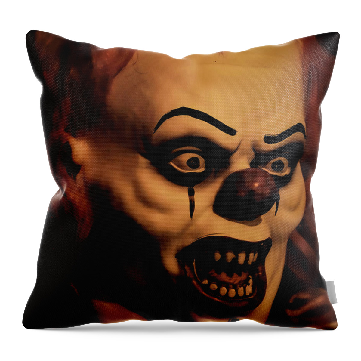 Clown Face Scary Close Red Teeth Halloween Throw Pillow featuring the photograph Clown by John Linnemeyer