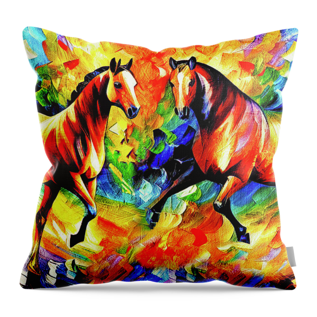 Horse Walking Throw Pillow featuring the digital art Colorful abstract horses meeting - digital painting on colorful background by Nicko Prints