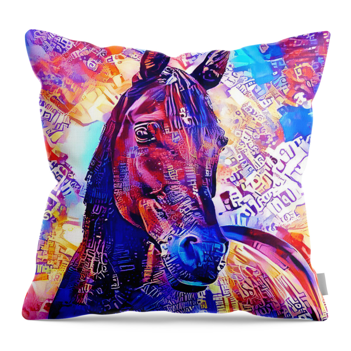 Arabian Horse Throw Pillow featuring the digital art Colorful Arabian horse portrait in blue and violet by Nicko Prints