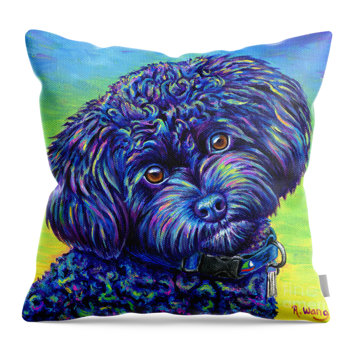 Poodle Throw Pillow featuring the painting Opalescent - Black Toy Poodle by Rebecca Wang