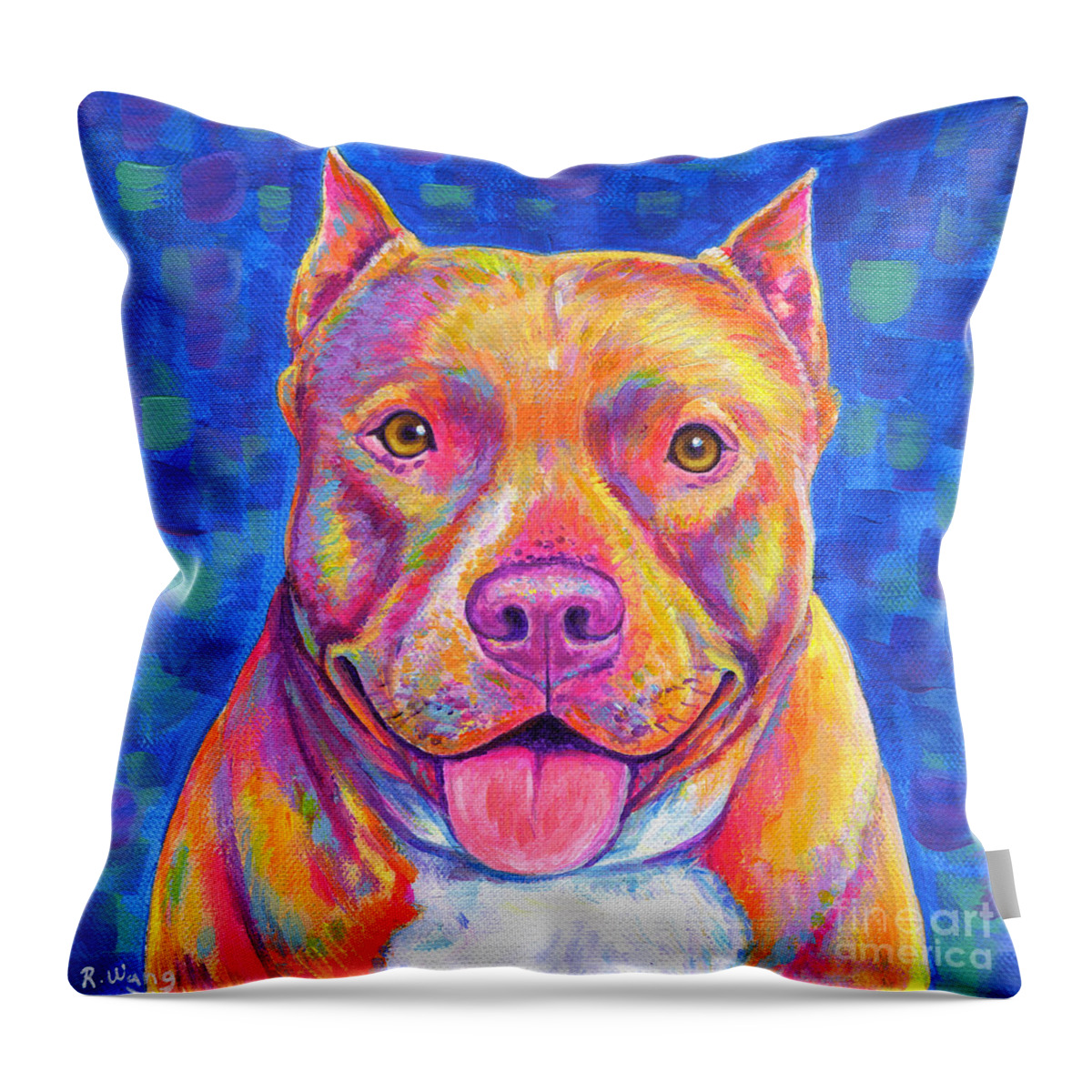 Pitbull Throw Pillow featuring the painting Colorful Pitbull Dog by Rebecca Wang