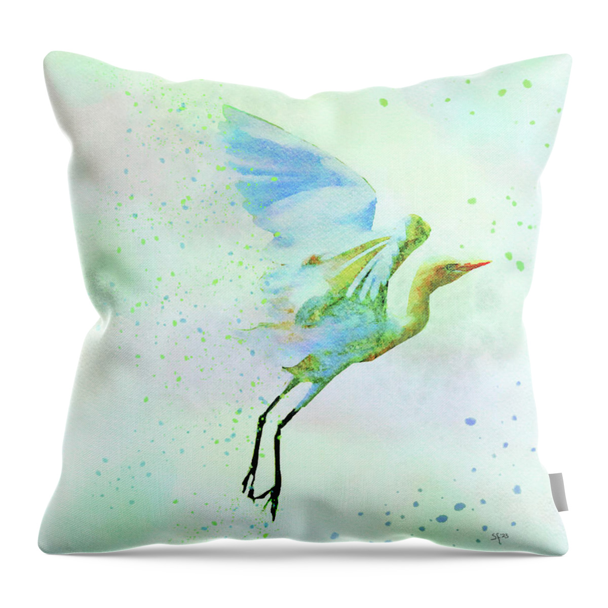 Colorful Throw Pillow featuring the digital art Colorful Crane Watercolor Bird Wildlife Painting by Shelli Fitzpatrick