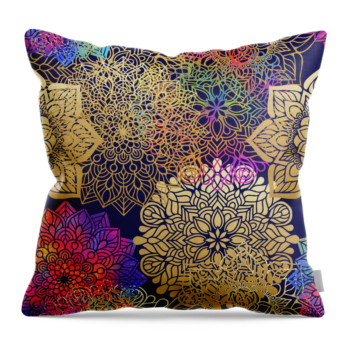 Mandala Throw Pillow featuring the digital art Colorful Gold Mandala Pattern In Dark Background by Sambel Pedes