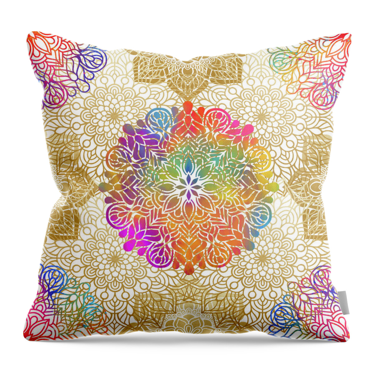 Mandala Throw Pillow featuring the digital art Colorful Gold Mandala Pattern by Sambel Pedes