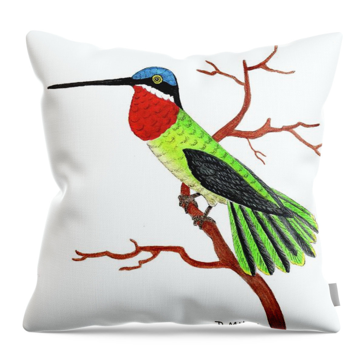 Hummingbird Throw Pillow featuring the painting Colorful Hummingbird Day 4 Challenge by Donna Mibus
