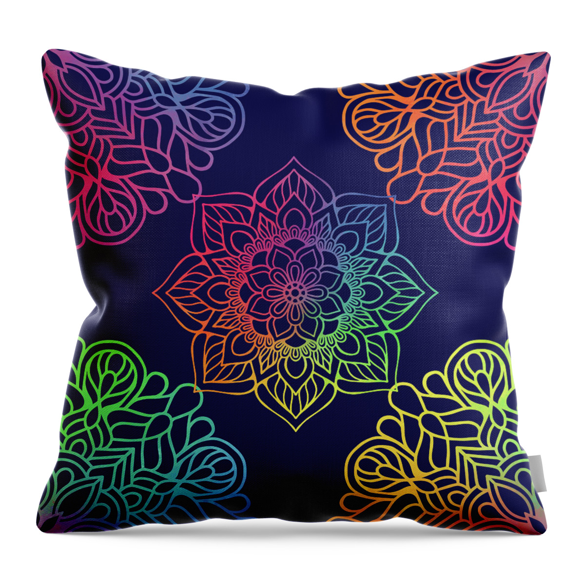 Mandala Throw Pillow featuring the digital art Colorful Mandala Pattern In Blue Background by Sambel Pedes