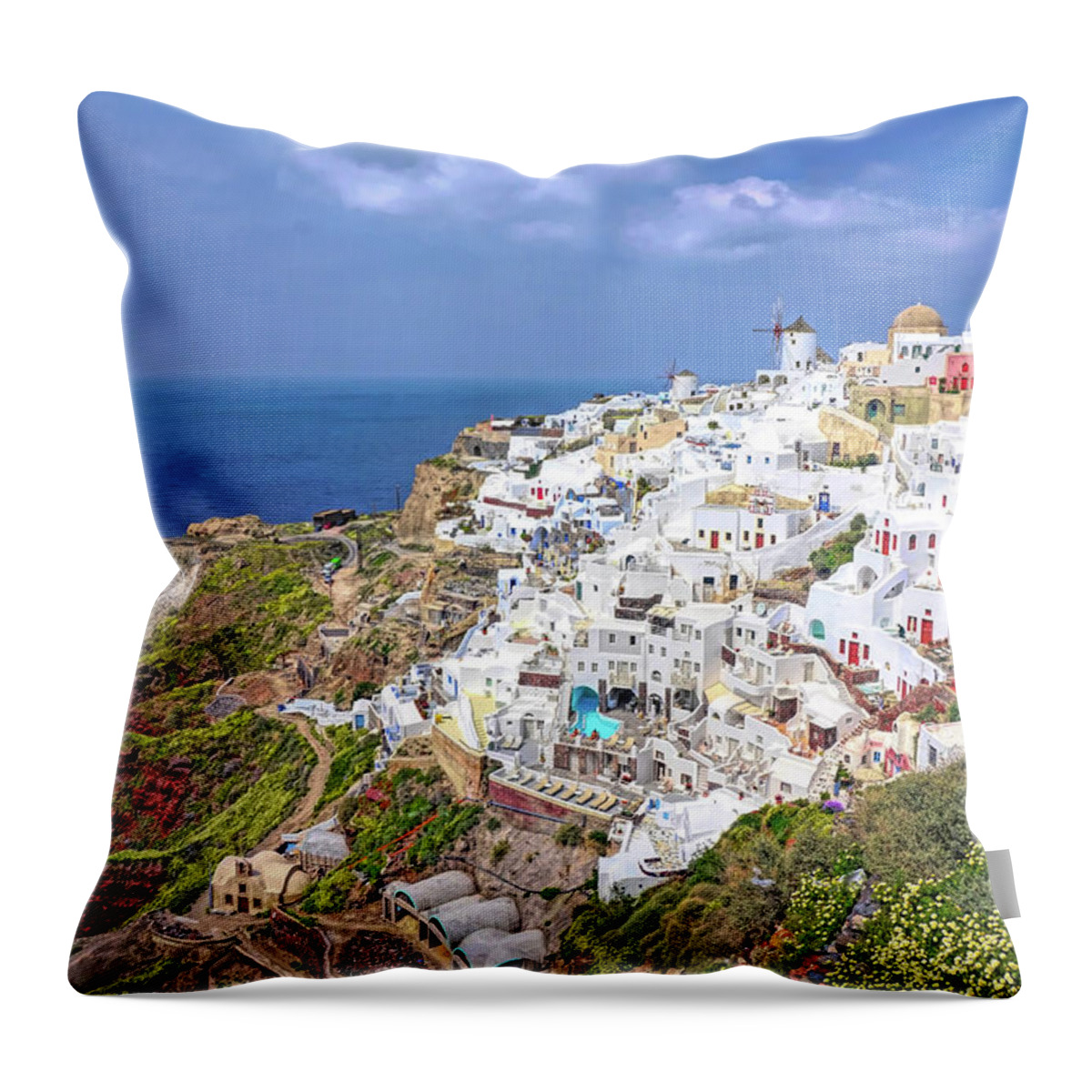 Santorini Throw Pillow featuring the photograph Colorful Oia Santorini by Yvonne Jasinski
