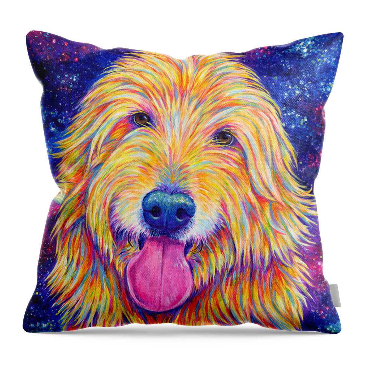 Goldendoodle Throw Pillow featuring the painting Colorful Rainbow Goldendoodle by Rebecca Wang