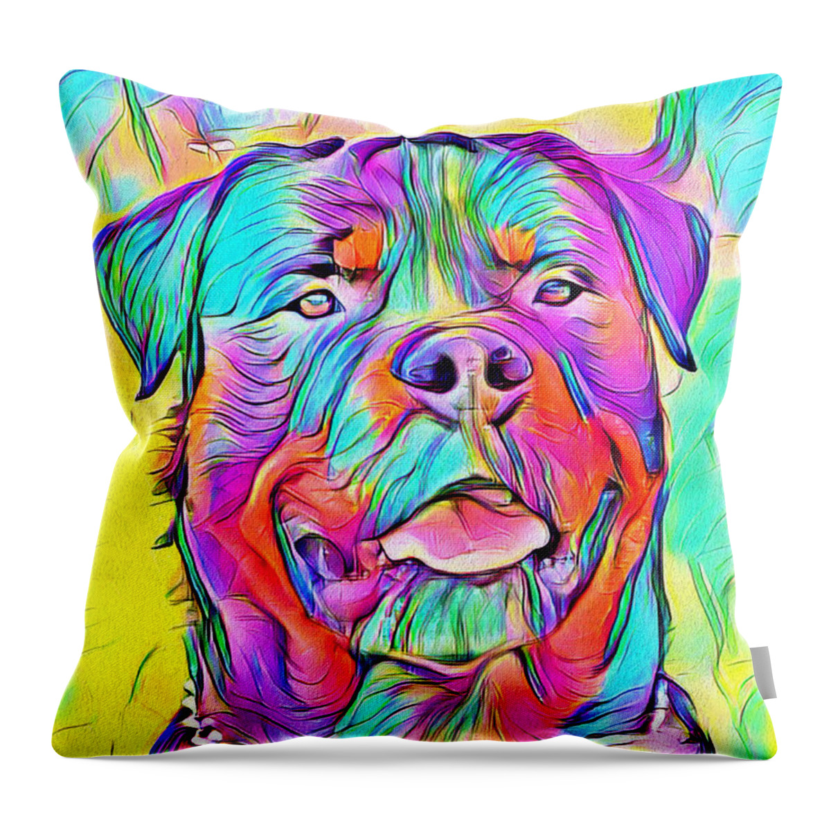 Rottweiler Dog Throw Pillow featuring the digital art Colorful Rottweiler dog portrait - digital painting by Nicko Prints