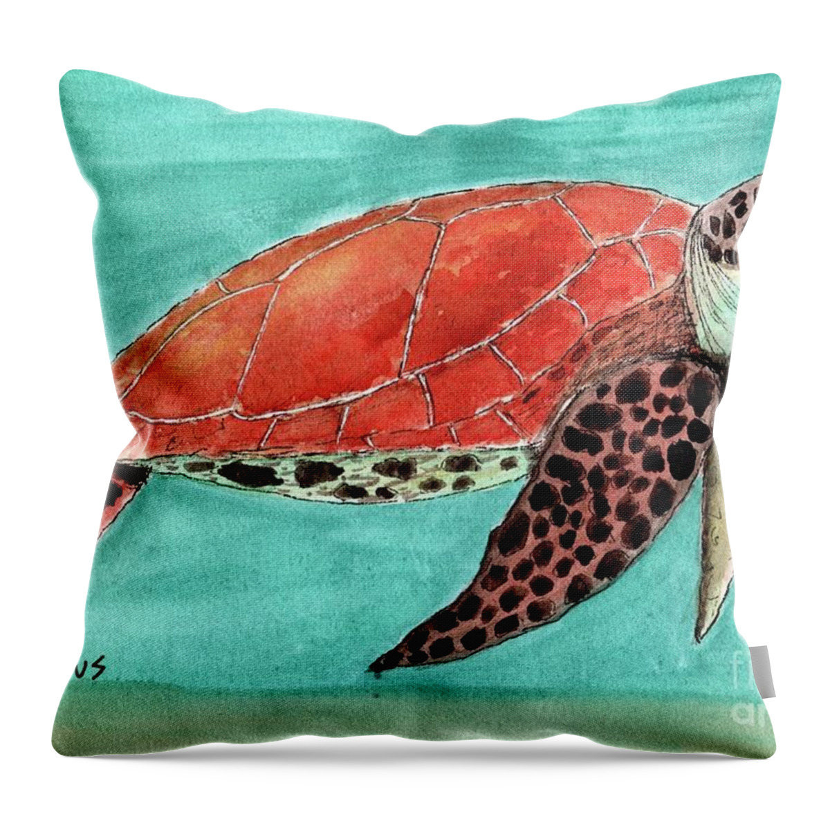 Sea Turtle Throw Pillow featuring the painting Colorful Sea Turtle in Blue Green Water by Donna Mibus