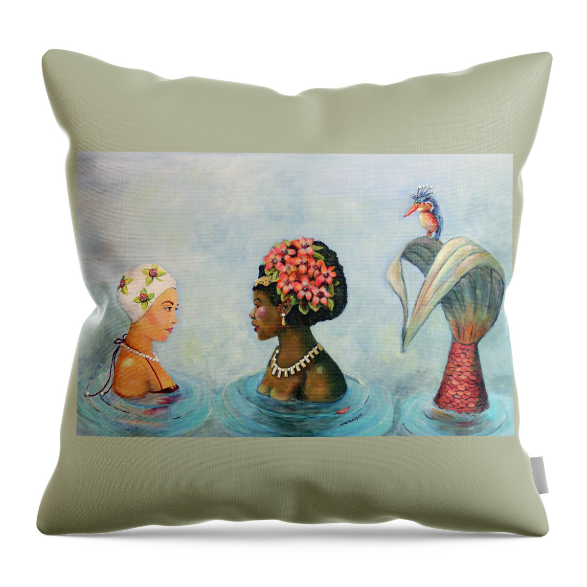 Mermaid Throw Pillow featuring the painting Conversation With a Mermaid by Linda Queally by Linda Queally