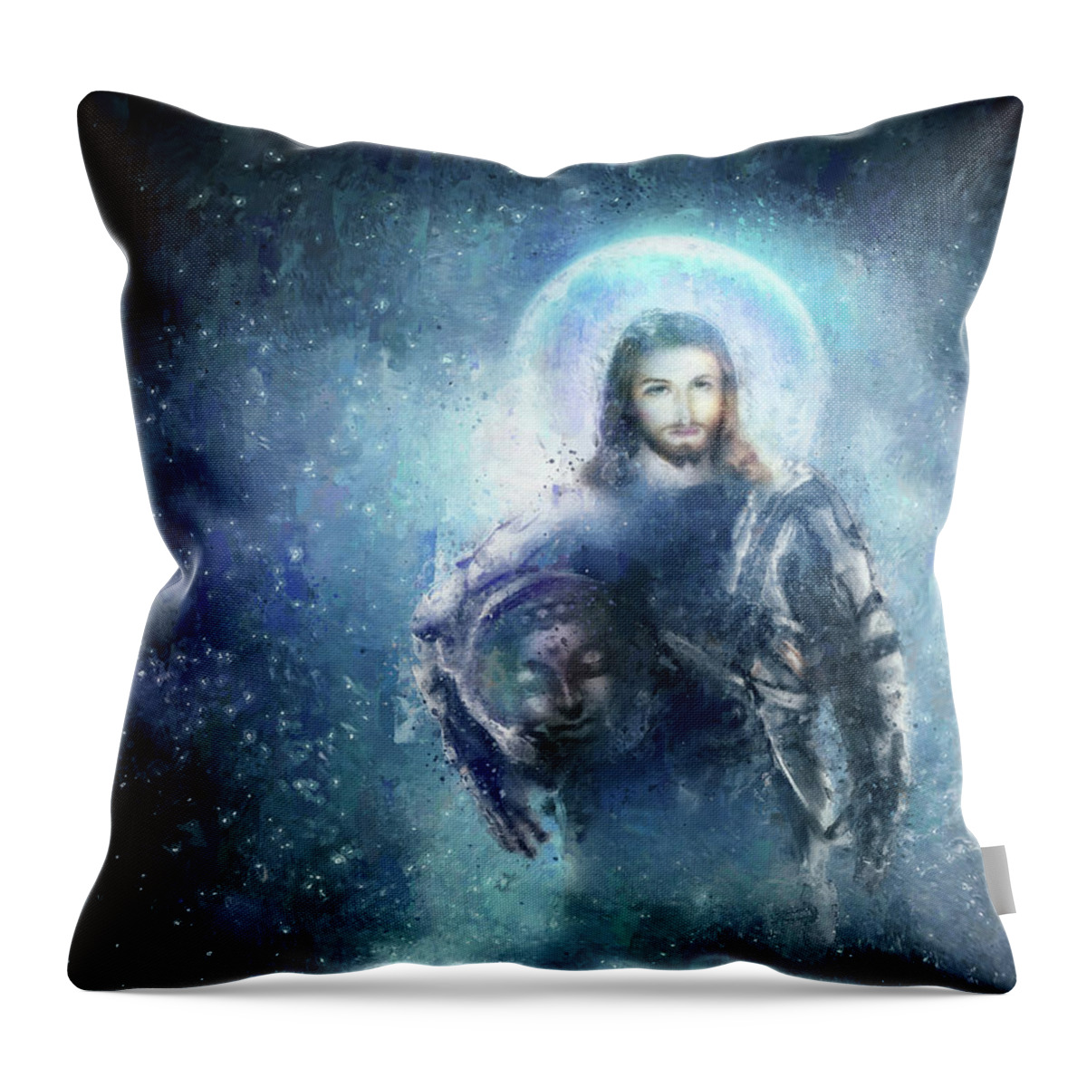 Cosmic Buddha Throw Pillow featuring the painting Spaceman - original artwork by Vart by Vart