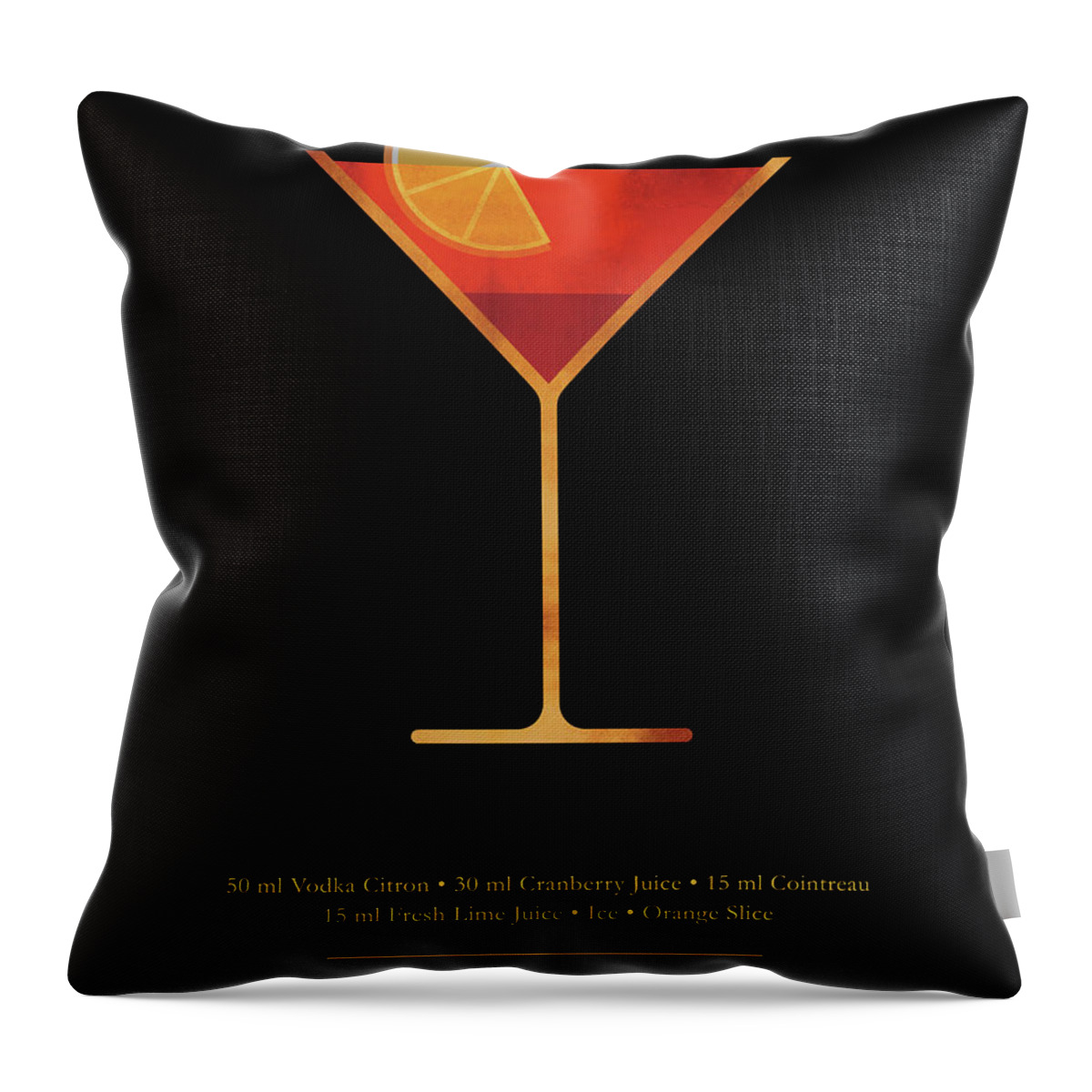 Cosmopolitan Throw Pillow featuring the digital art Cosmopolitan Cocktail - Classic Cocktail Print - Black and Gold - Modern, Minimal Lounge Art by Studio Grafiikka