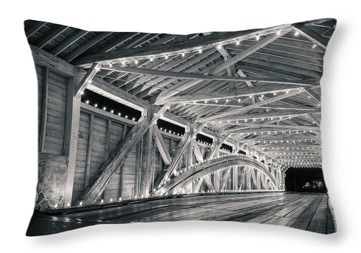 Black Throw Pillow featuring the photograph Covered Bridge Interior Lights - Black And White by Jason Fink