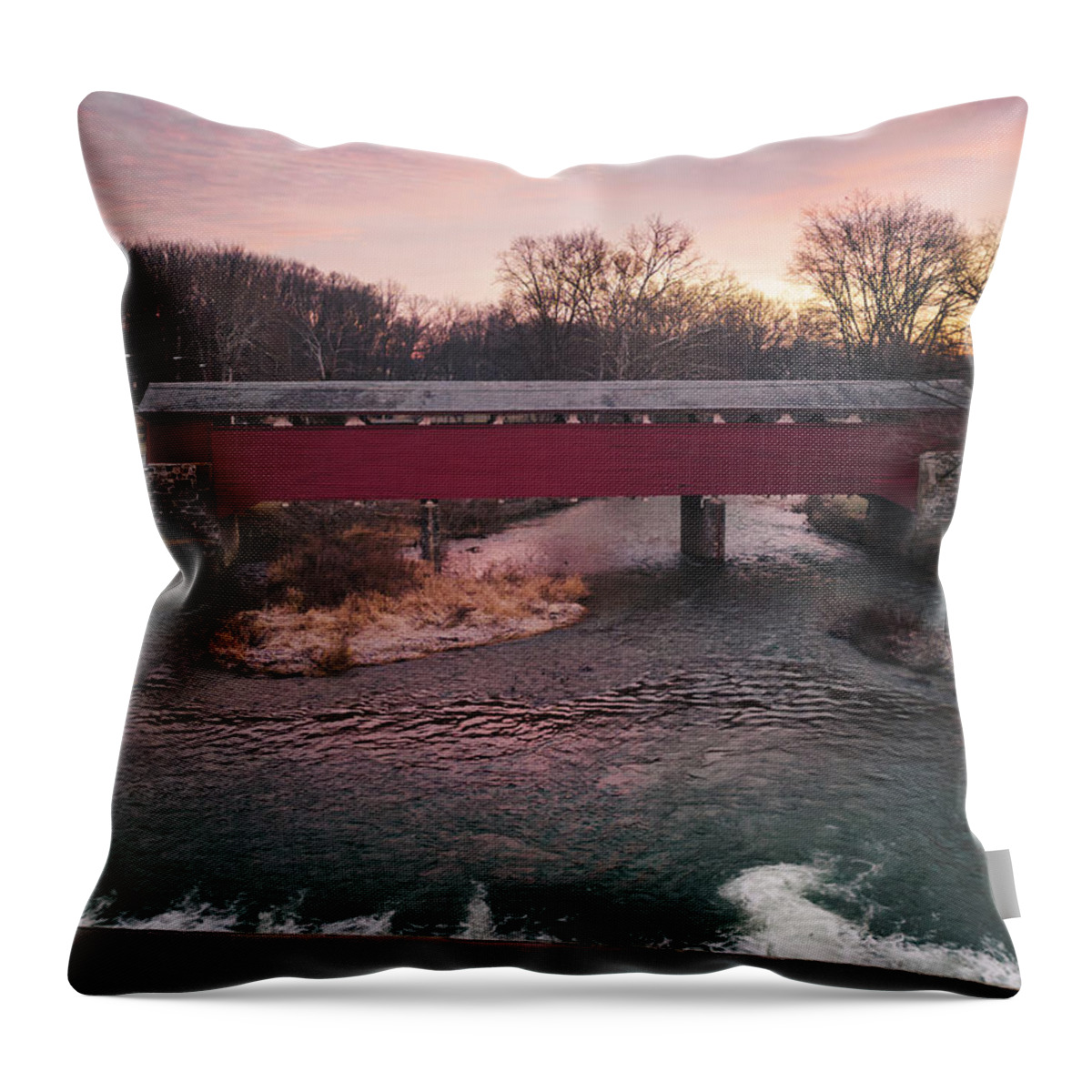 Wehr Throw Pillow featuring the photograph Covered Bridge Sunrise from Wehr's Dam by Jason Fink