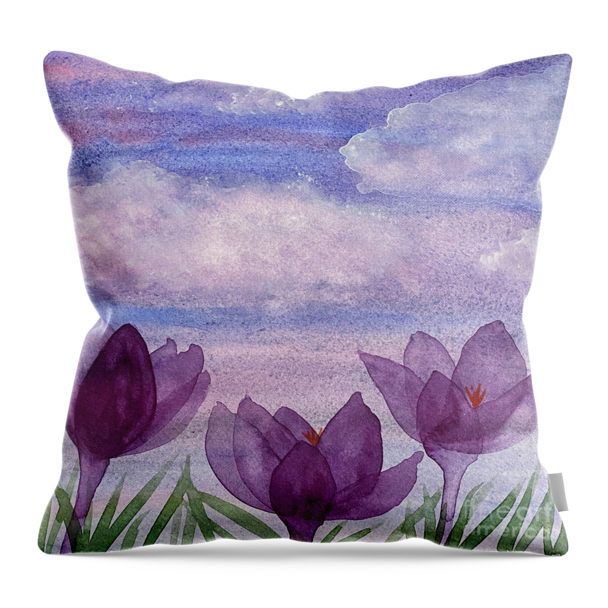 Crocuses Throw Pillow featuring the painting Crocuses and Clouds by Lisa Neuman